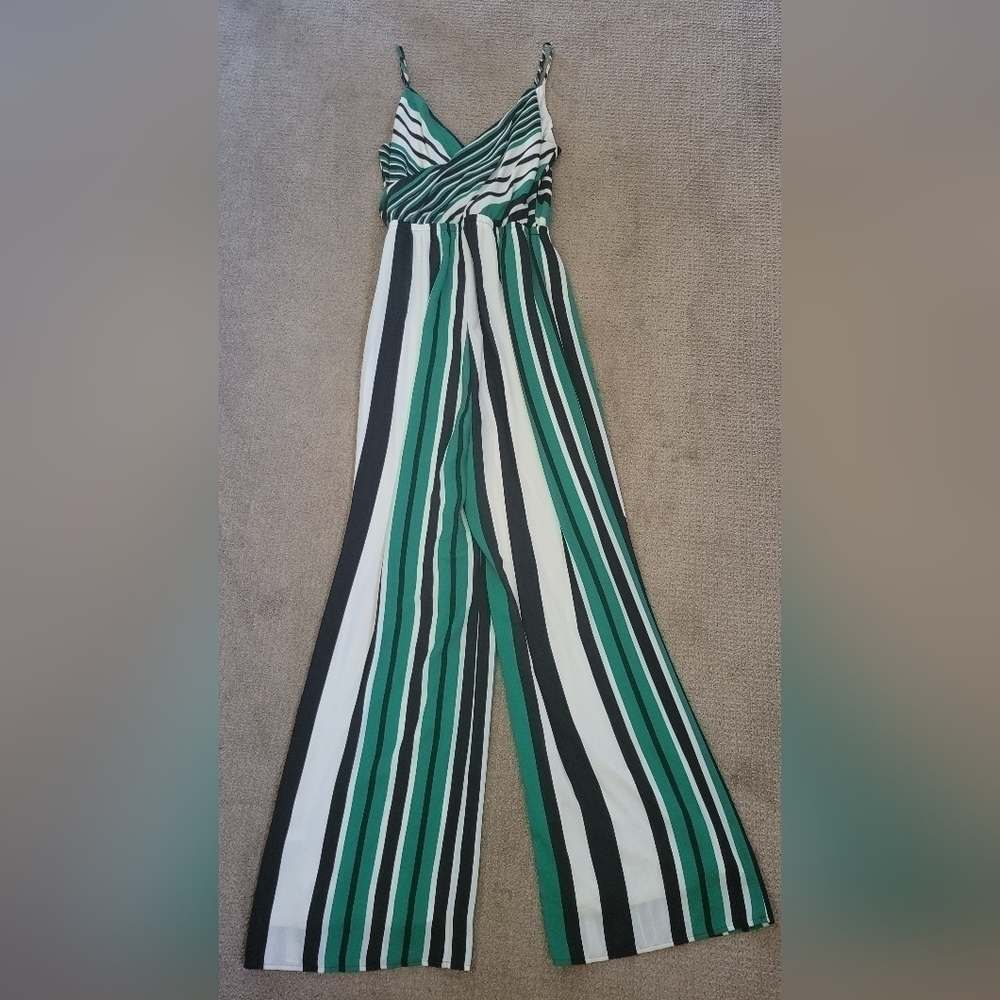 Express Sleeveless V Neck Multi Color Vertical Stripe Bow Tie Boho Jumpsuit - Picture 9 of 11